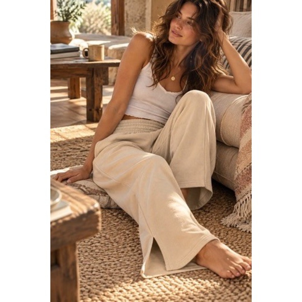 Pact Organic Cotton Fleece Wide Leg Sweatpants Tan XL Smocked Waist Side Slit
